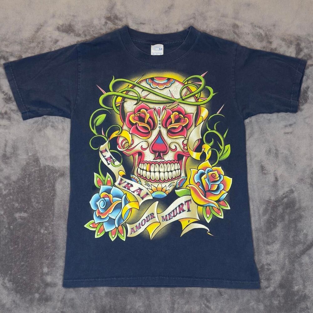 YAZBEK Heavyweight Sugar Skull Graphic Tee S Navy Blue Tattoo Mexico